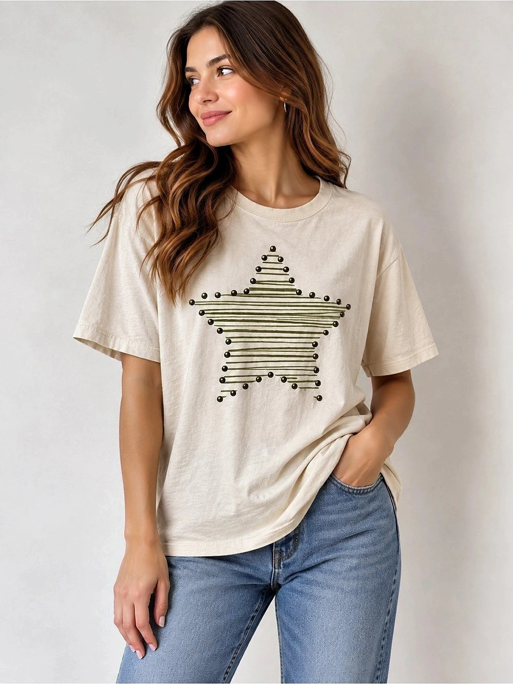 Casel Star Graphic Striped Tee in Cream Size Small